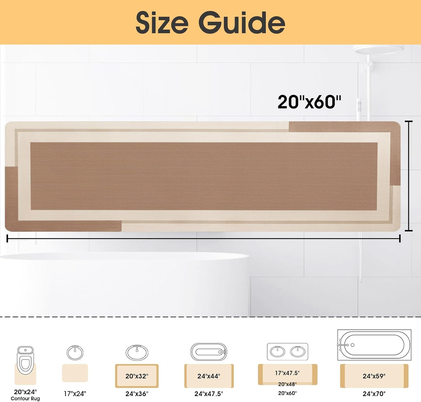 ACCUMTEK Non Slip Bath Mat, Thin Bathroom Rugs Fit Under Door, Quick Dry Bath Mats, Machine Washable Bath Rugs for Bathroom, Bathtub & Kitchen, Grey/Bordered/24 x17