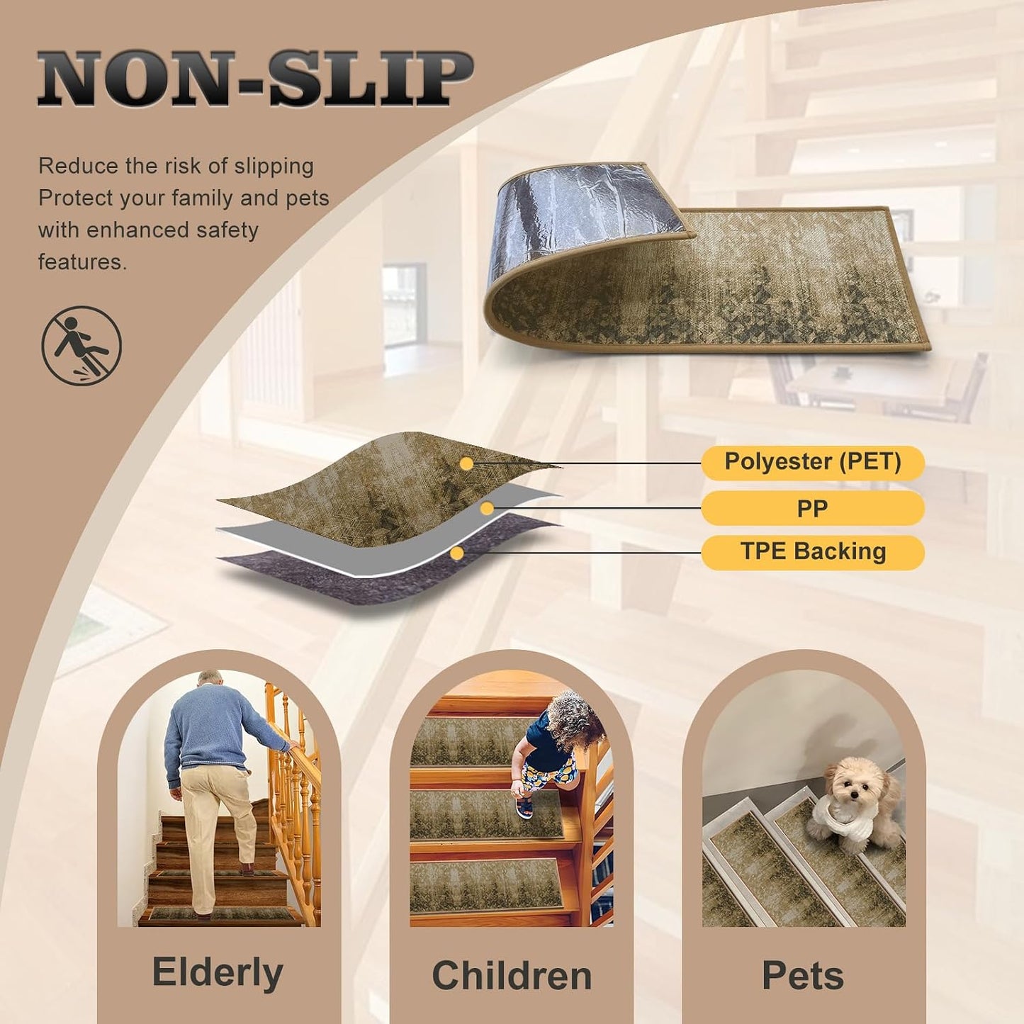 Non Slip Stair Treads for Wooden Steps, 15 Pack 8"x30" Washable Carpet | 8x30 in soft chenille polyester stair treads with reusable TPE backing for indoor wood stairs, dogs, kids, and seniors