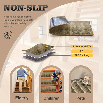 Non Slip Stair Treads for Wooden Steps, 15 Pack 8"x30" Washable Carpet | 8x30 in soft chenille polyester stair treads with reusable TPE backing for indoor wood stairs, dogs, kids, and seniors