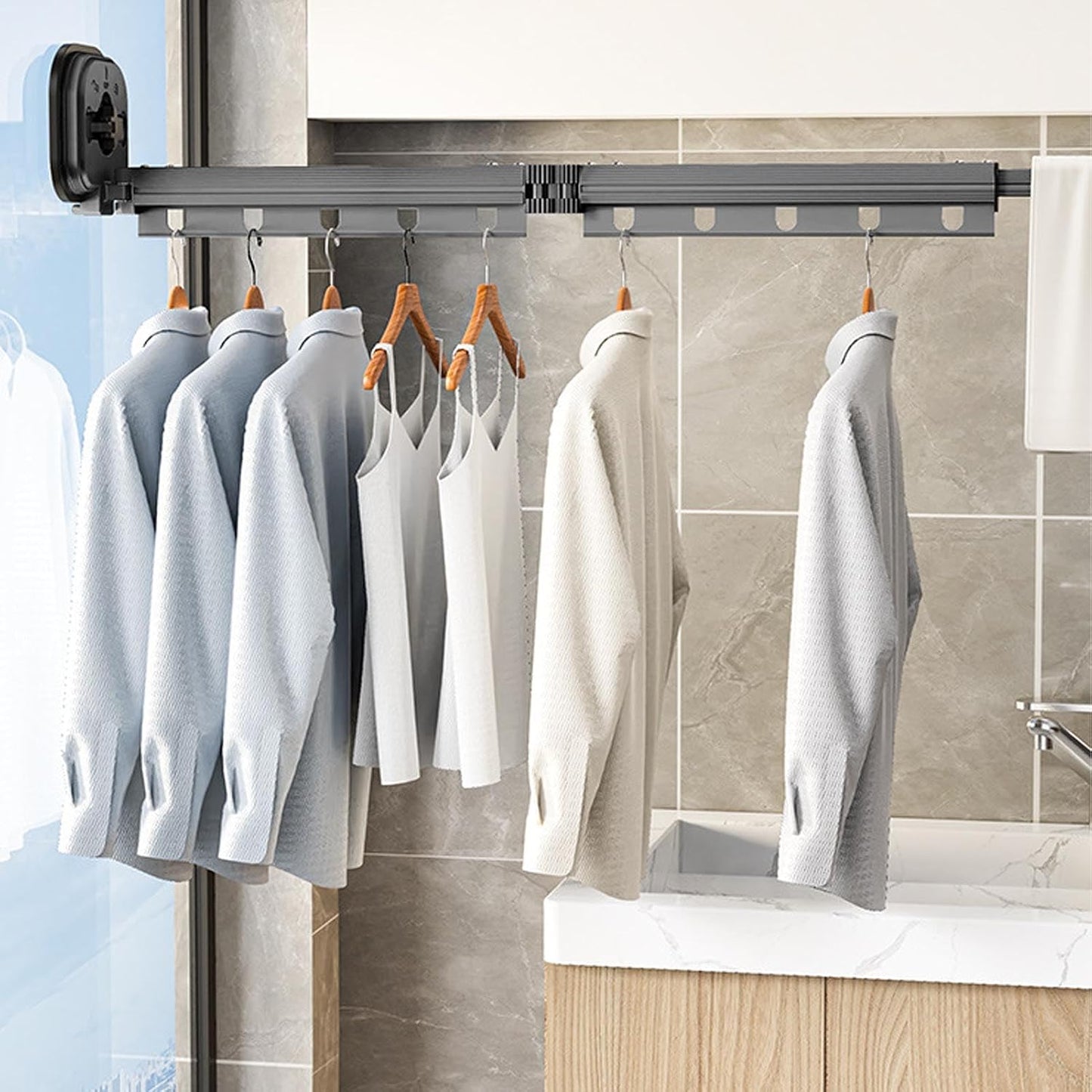 Yctze Wall Mounted Clothes Drying Rack, Retractable Laundry Drying Rack Space Saving Laundry Hanger Dryer Rack with Suction Cup for Bedroom Balcony Bathroom, Gray (Tri Fold