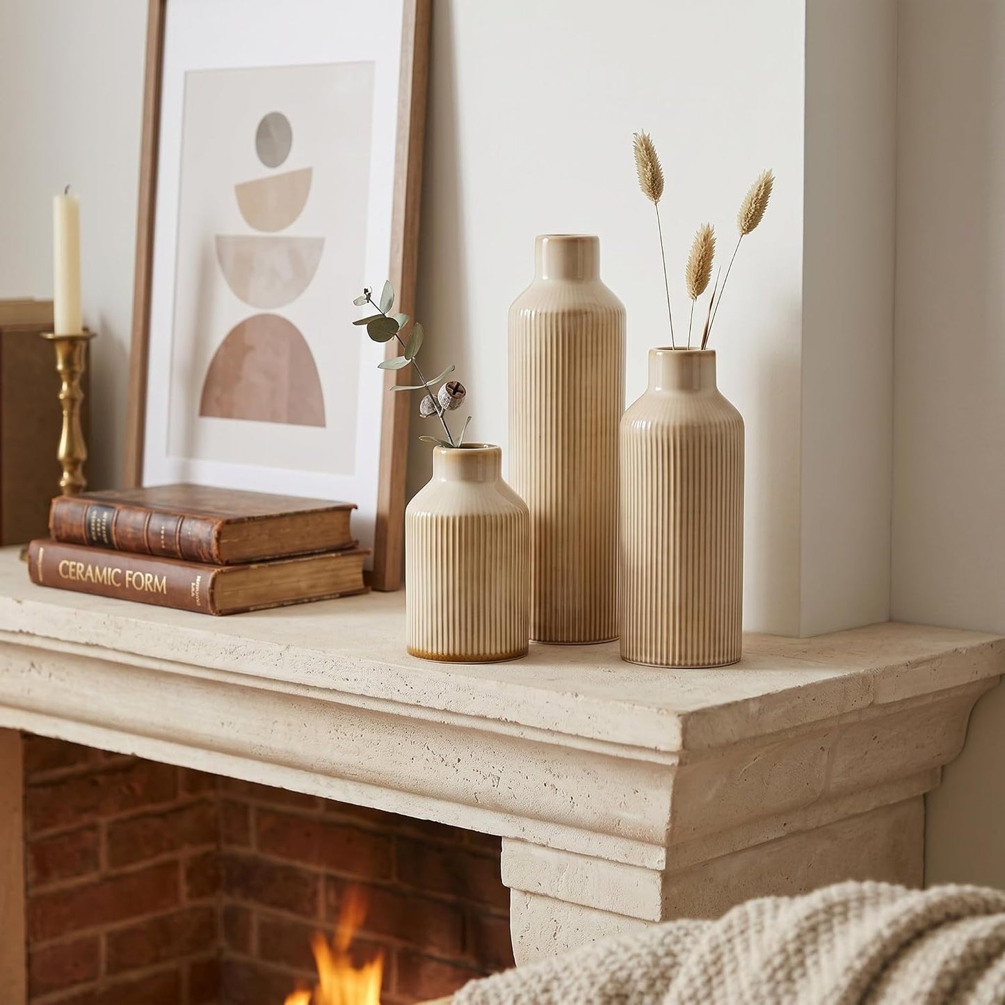 Brown Ceramic Vase Set of 3 - Rustic Farmhouse Vases for Centerpieces Small Modern Decorative Vase for Flower Kitchen Bathroom Bedroom Living Room Shelf Home Decor