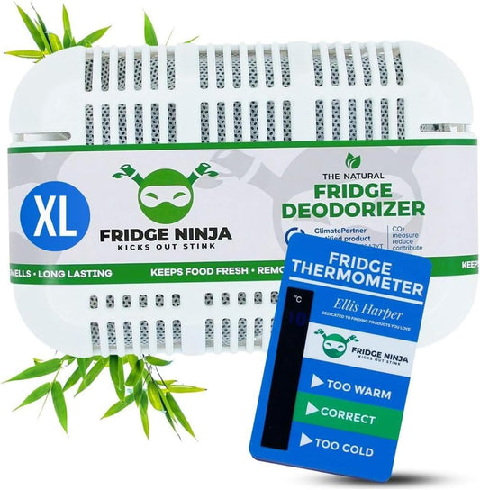 Fridge Ninja Fridge Deodorizer (2 Pack) - More Effective Than Baking Soda - Natural and Unscented Activated Charcoal Refrigerator Deodorizer and Odor Eliminator for Freezers, Coolers, and Lunch Boxes