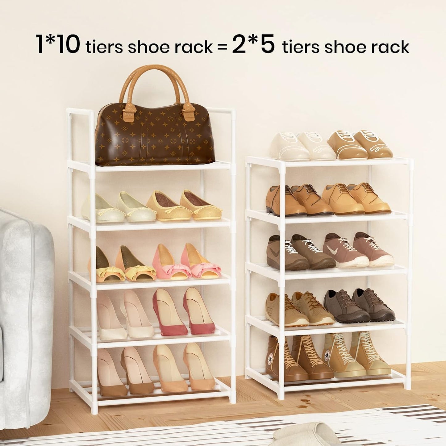 Narrow Shoe Rack 10 Tiers Tall Shoe Rack for Entryway Closet 20 24 Pairs Shoe & Boots Organizer Storage Shelf Durable Black Metal Stackable Shoe Cabinet with Hooks, 17.1D x 11.8W x 78.7H in