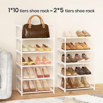 Narrow Shoe Rack 10 Tiers Tall Shoe Rack for Entryway Closet 20 24 Pairs Shoe & Boots Organizer Storage Shelf Durable Black Metal Stackable Shoe Cabinet with Hooks, 17.1D x 11.8W x 78.7H in