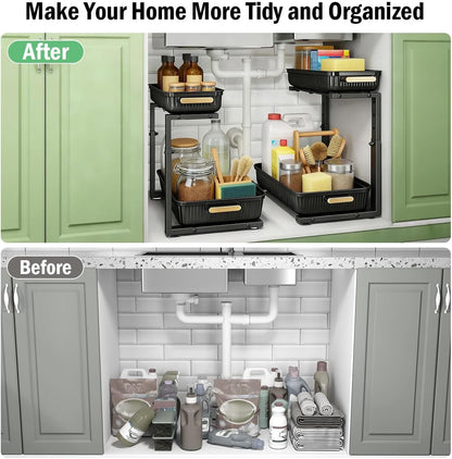 ARSTPEOE 2 Pack Double Sliding Under Sink Organizers and Storage,Two Tier Bathroom Storage and organization,Under Cabinet Organizer, Clear