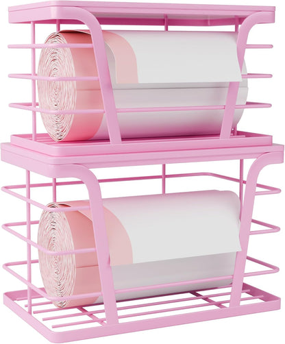 TIDIIABODE 2 Pack Stackable Storage Laundry Kitchen Organizers, Wall Mount Trash Bag Holder with Bamboo Top and Garbage Bag Dispenser No Drill