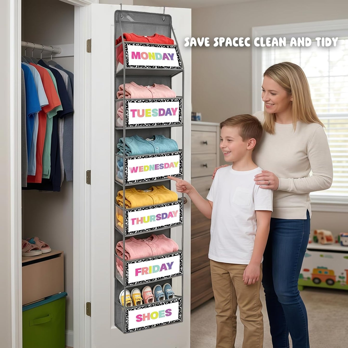 2 Pack Weekly Clothes Organizer for Kids, 6 Shelf Hanging Closet Organizer with Clear Window, Foldable Days of the Week Over the Door Outfit Organizer with Labels for Closet School