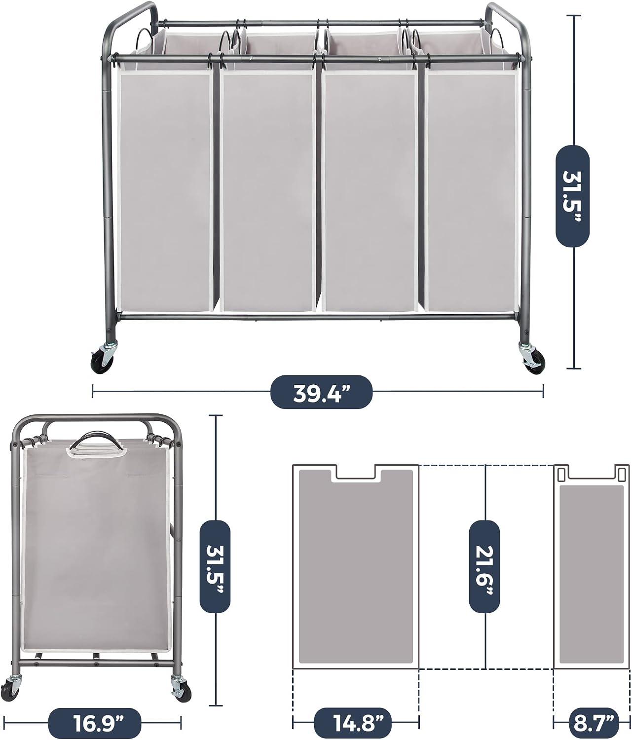 STO STO Laundry Sorter 3 Section, 3 Bag Clothes Hamper, Rolling Laundry Cart Basket with Heavy Duty Lockable Wheels and Removable Bag for Laundry Room, Bedroom, Closet, Gray