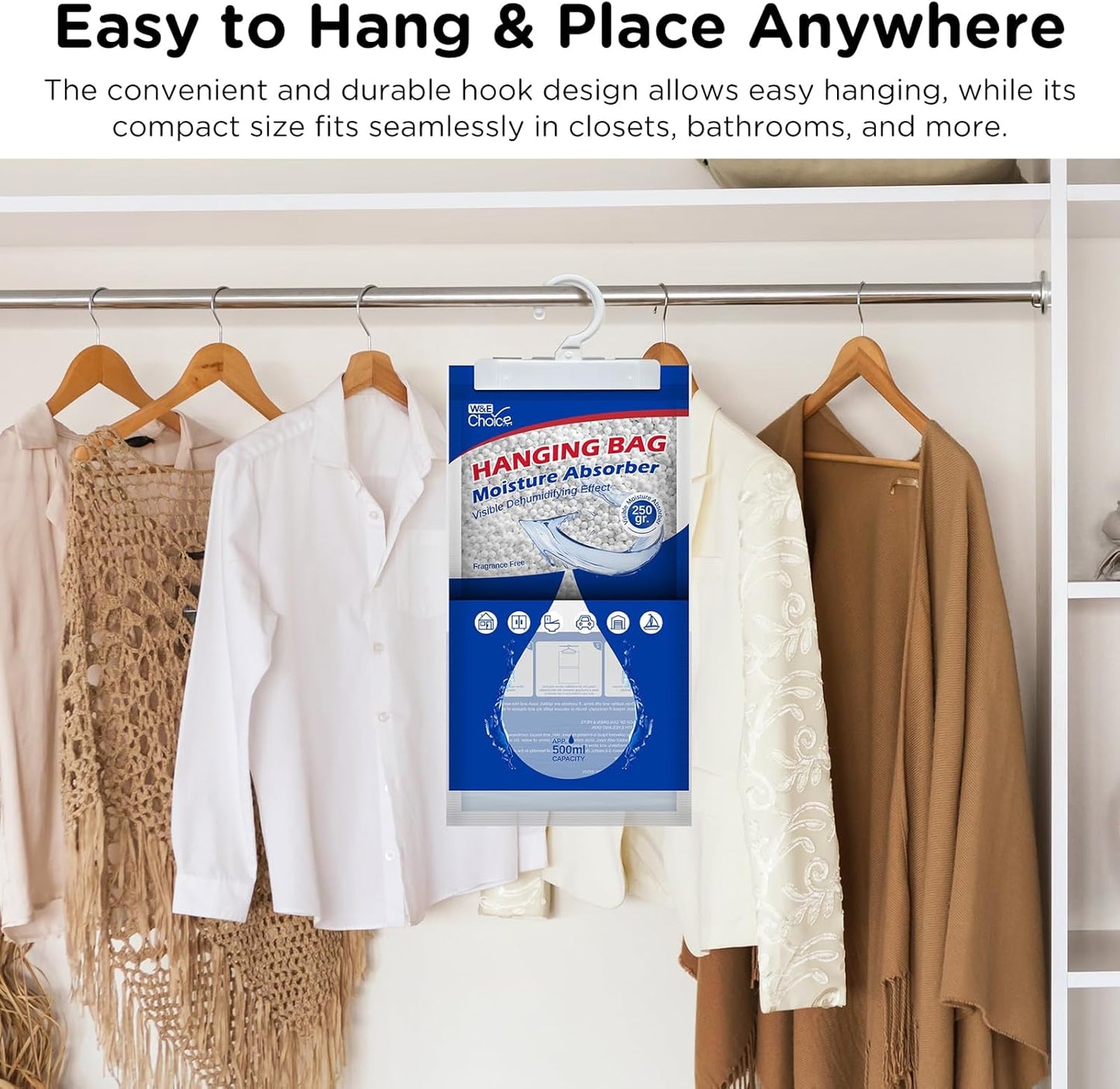 W&E Choice Hanging Moisture Absorbers Hanging Bag for Your Closet, Dehumidifier Bags for Bathroom, Unscented Humidity Pack for Car and RV, 10 Pack
