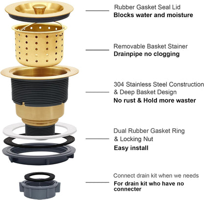 3-1/2-Inch Kitchen Sink Drain Strainer Assembly Kit, GZILA Deep Waste Basket Strainer with Sealing Lid Sink Stopper, 304 Stainless Steel Brushed Nickel