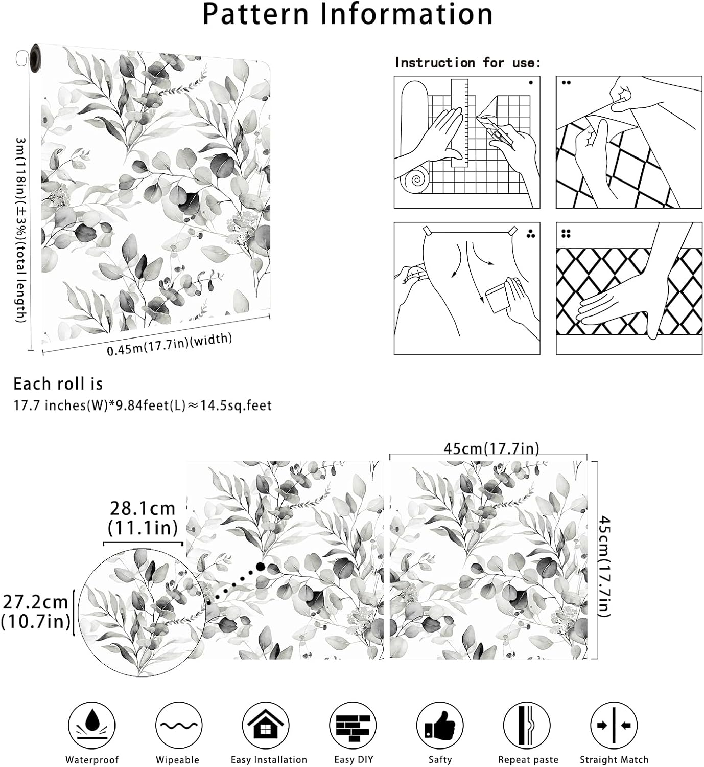 Floralplus Peel and Stick Wallpaper Boho Leaf Removable Wallpaper for Bathroom Renter Leaf Contact Paper for Locker Shelf Liner Vinyl Adhesive Wallpapers Wall Mural Decor 17.5 in x 118 in