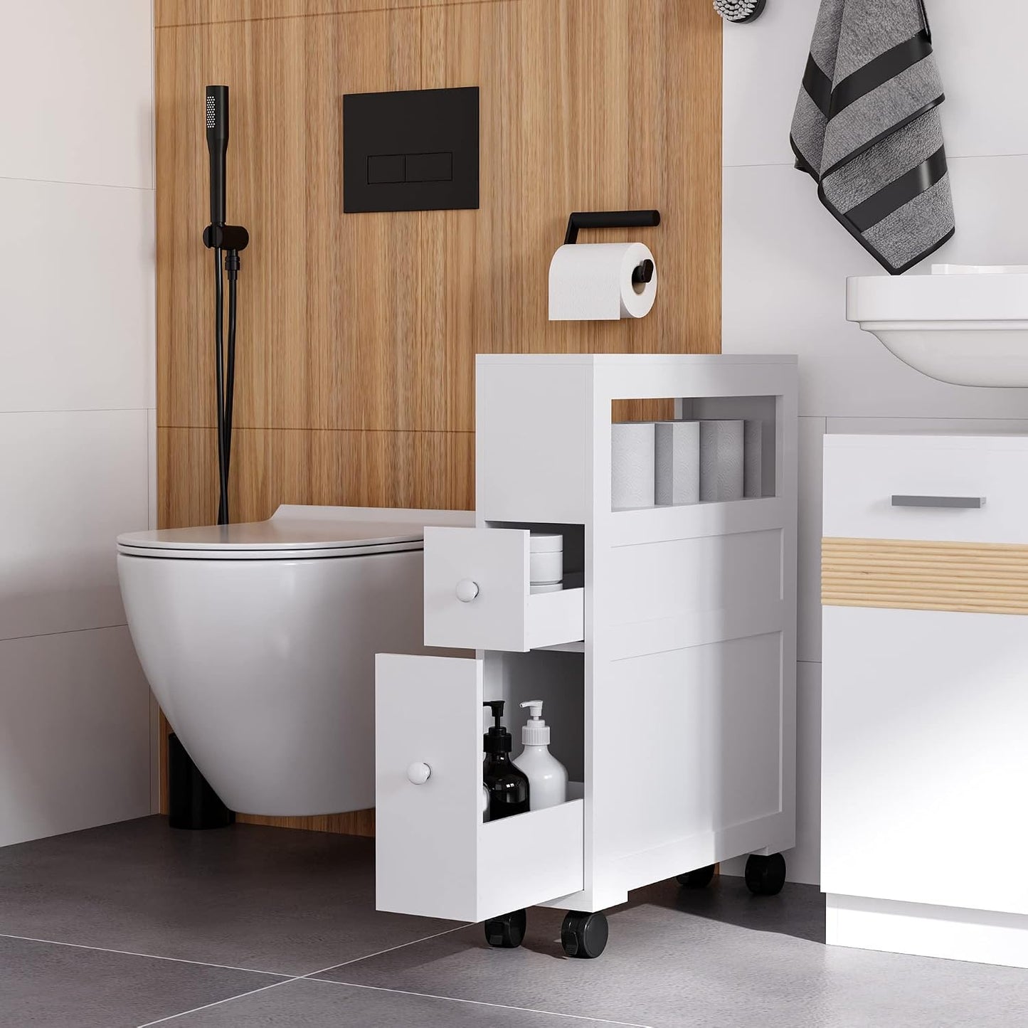 HOMCOM 6.25" x 20.5" x 28.25" Wood Rolling Narrow Bathroom Side Storage Cabinet - Gray