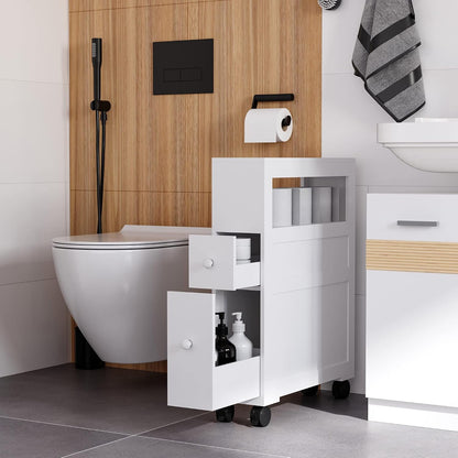 HOMCOM 6.25" x 20.5" x 28.25" Wood Rolling Narrow Bathroom Side Storage Cabinet - Gray