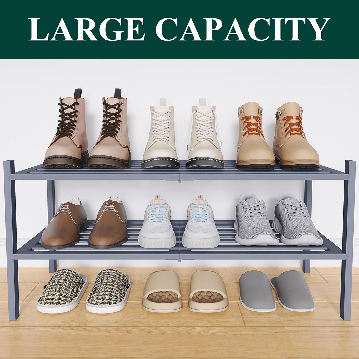 Smiry Bamboo Shoe Rack, 3 Tier Free Standing Wooden Shoe Organizer, Stackable Wood Shoe Storage Shelf for Closet, Entryway, 5 Horizontal Slats, 26.8"x11"x18.3", Natural