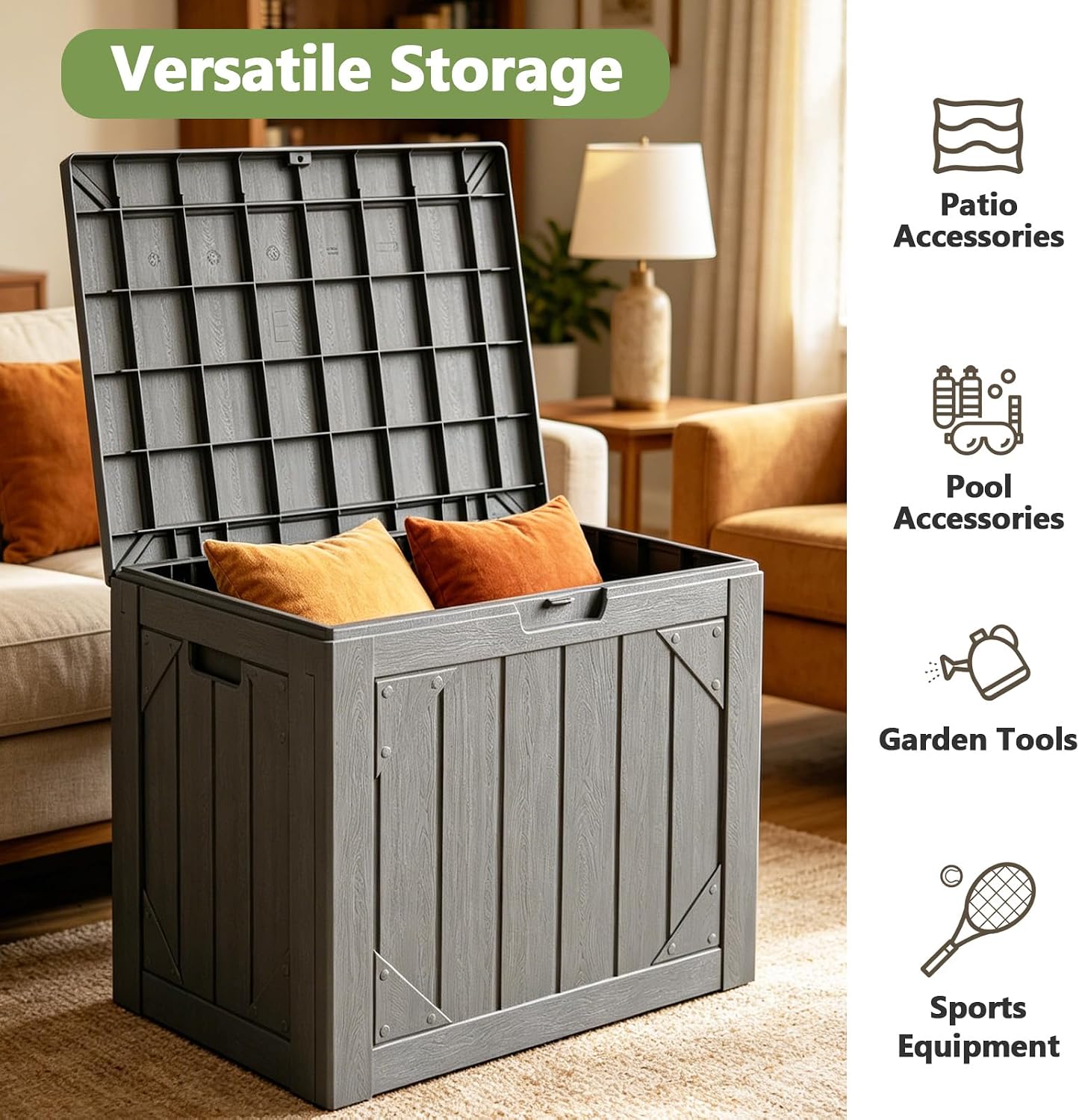 Outdoor Storage Box, 98 Gallon Deck Box, Outdoor Storage Bench, Waterproof Resin Storage Bench with Lockable Lid, Patio Furniture Cushions & Garden Tools Storage, UV Resistant (Black)