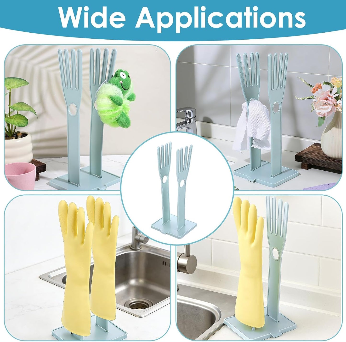 Kitchen Gloves Holder Mitten Dryer Reusable Rubber Glove Clothes Drying Rack Plastic Washing Sink Holder Stand Towel Hanger for Dish Gloves Rags Sponge Food Bag Organizer Blue