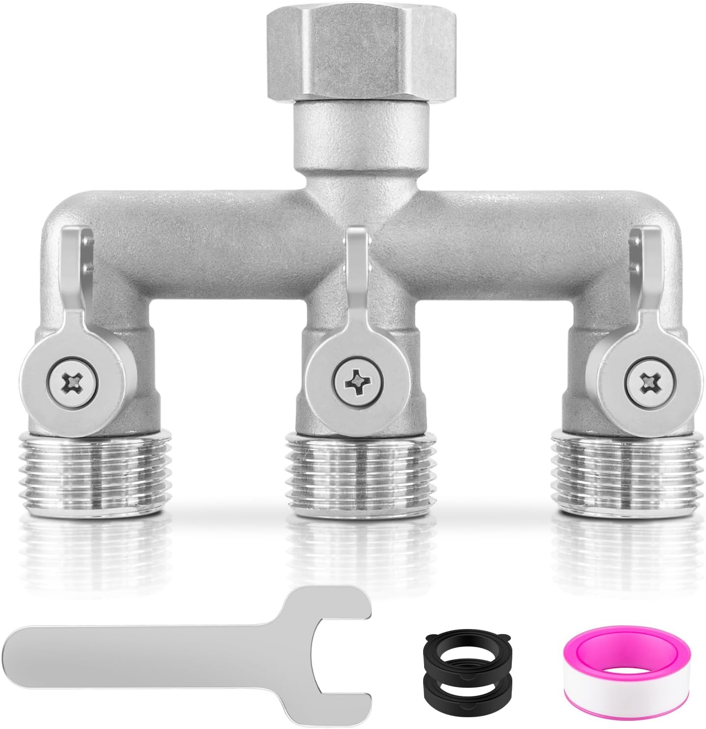 4 Way Garden Hose Splitter, 304 Stainless Steel Outdoor Faucet Splitter with 4 Individual Shut Off Valves, 3/4" GHT High Flow Hose Bib Spigot Connector