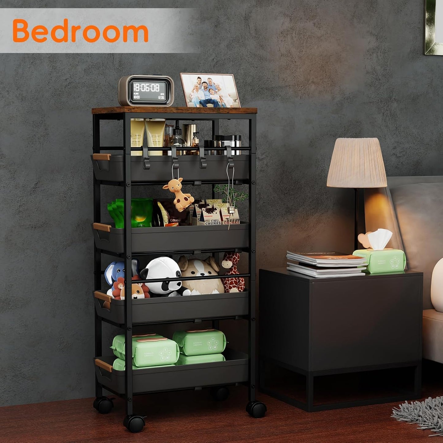 5-Tier Slim Storage Cart, Wooden Top Rolling Kitchen Cart with Pull-Out Baskets & Wheels, Narrow Space Utility Cart Slide Out Organizer for Kitchen, Bathroom, Laundry Room, White