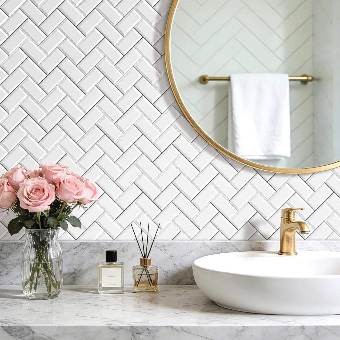 FunStick White Kitchen Wallpaper Peel and Stick Waterproof Herringbone Backsplash Wall Paper for Kitchen Bathroom Tile Wallpaper Removable White Contact Paper Peel and Stick for Cabinets 17.5"x118"