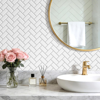 FunStick White Kitchen Wallpaper Peel and Stick Waterproof Herringbone Backsplash Wall Paper for Kitchen Bathroom Tile Wallpaper Removable White Contact Paper Peel and Stick for Cabinets 17.5"x118"