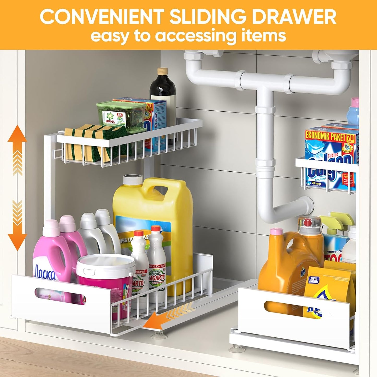 Saydear Under Sink Organizer Storage 2-Tier Premium Metal Pull-Out Kitchen Cabinet Organizer with Sliding Drawer, Height Adjustable, Heavy Duty for Kitchen & Bathroom Organizers 2 Pack Black