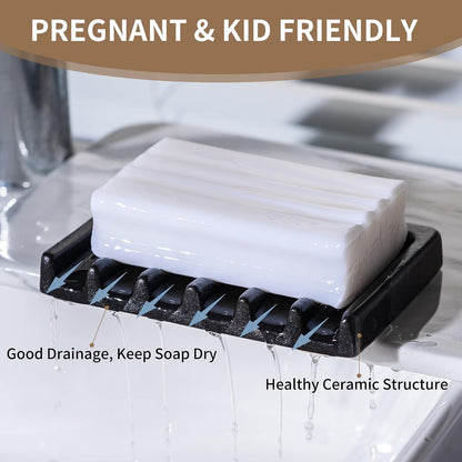 Tanew Self Draining Premium Ceramic Soap Dish, Bar Waterfall Soap Dish, Shower Soap Holder Sponge Holder Soap Tray Savers for Bathroom, Shower, Kitchen, Sink and Countertop