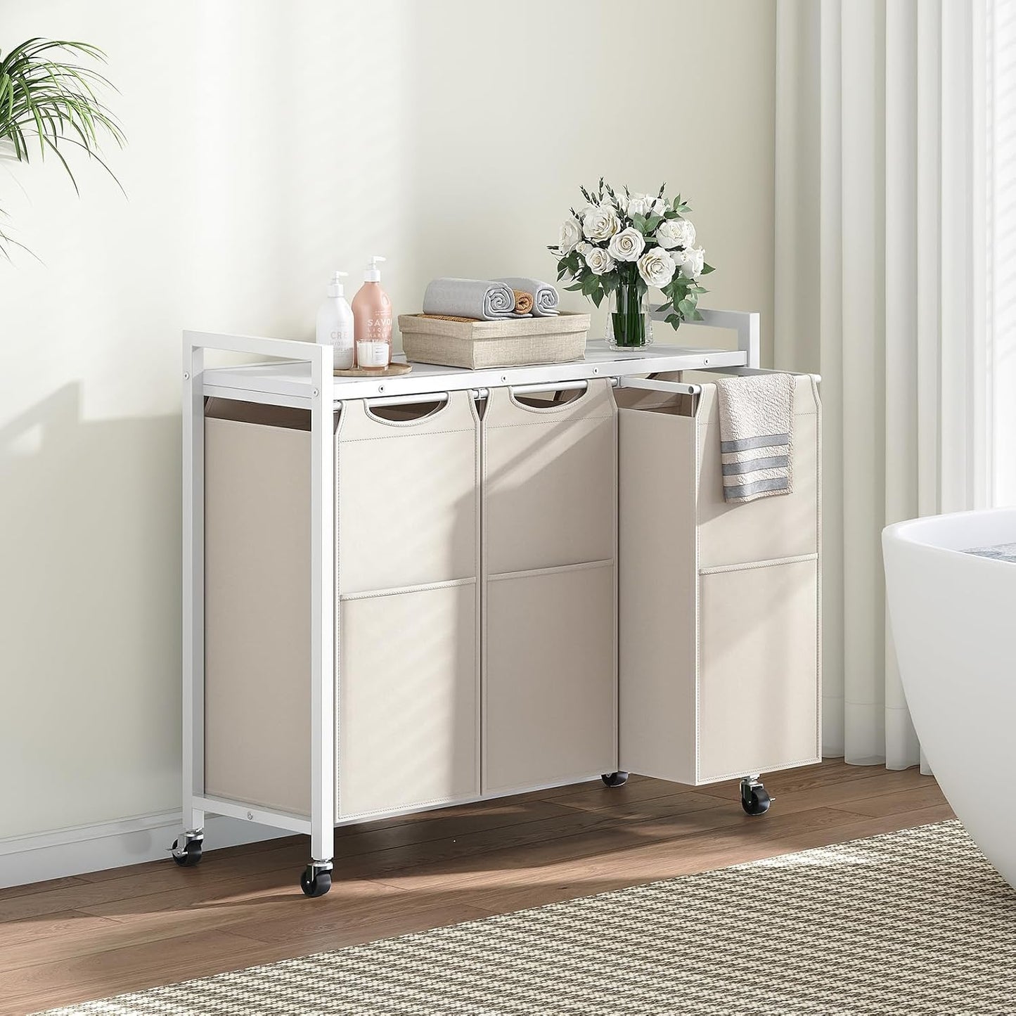 HOOBRO Laundry Sorter 3 Section, Laundry Hamper with Wheels, 3 × 11.5 Gal (43.5 L), Rolling Laundry Basket, Pull-Out and Removable Oxford Fabric Laundry Bags, Rustic Brown and Black BF76XY01