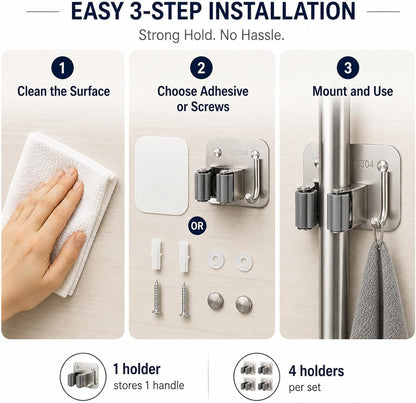 Broom Holder Wall Mount 4 Pack, Heavy Duty Mop and Broom Holder with Hooks, 304 Stainless Steel Broom Hanger, Self Adhesive or Screw Mount Organizer for Kitchen Laundry Garage