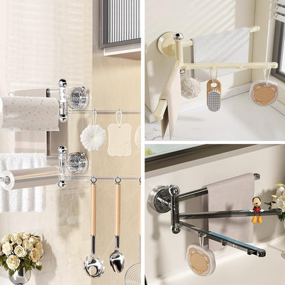 2PCS Swivel Suction Cup Towel Bar 3 Swing Arms 270°Rotation Wall Mounted Cloth Drip Dry Holder Multifunctional Storage Rack for Bathroom and Kitchen Accessories Beige