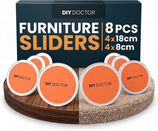 DIY Doctor Furniture Sliders – 8-Piece Set with Large & Small Sliders - Move Heavy Furniture Easily on Carpet, Hardwood & Tile – Reusable Floor Protectors – Orange
