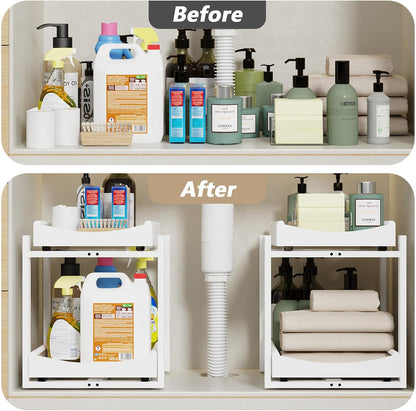 Bamboo Under Sink Organizer Adjustable Height 2 Tier Bathroom Organizer Pull Out Cabinet Storage Kitchen Heave Duty Wood Slide Ou Shelf for Kitchen Bathroom (Black, 2 Packs) (Black, 2 Pack)