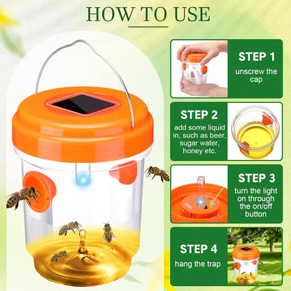 Wasp Trap Solar Powered Bee Trap Reusable Fly Traps Outdoor Hanging Wasp Killer with UV LED Light Flying Insects Bee Killer for Indoor Outside Patio Garden Home (6, Yellow)