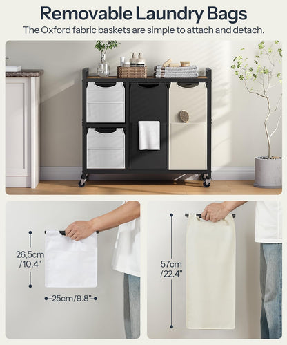 HOOBRO Laundry Sorter with 4 Section, 34 Gal. (127 L) Laundry Hamper with Wheels, Rolling Laundry Basket with Shelves, Pull-Out Detachable Bags, Side Pockets, White, Natural and Beige WNE14XY01N1