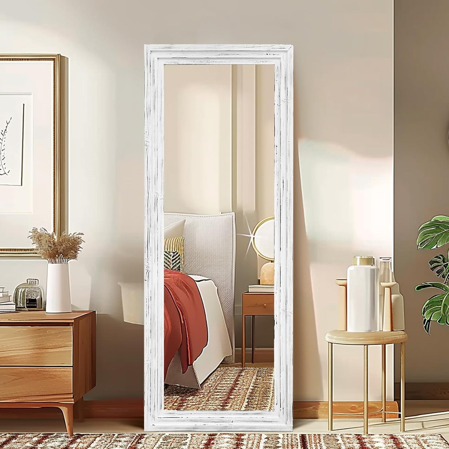 Full Length Mirror 65"x22" with Stand Solid Wood Frame Floor Large Mirror for Living Room, Bedroom Hanging Standing or Leaning Wall-Mounted, New Black