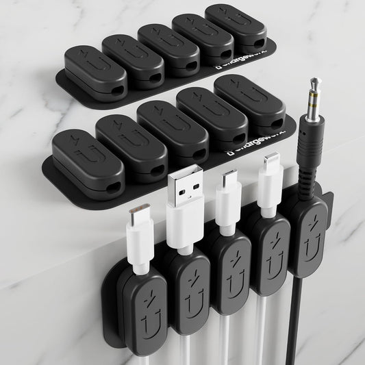 Chargeworx Magnetic Cable Clips - Cord Holder Organizer, No Drill Self-Adhesive Base, Cable Organizer, Repositionable Magnetic Clips, 5-Pack, USB-C Lightning Micro-USB, Desk Nightstand Wall Car, Black