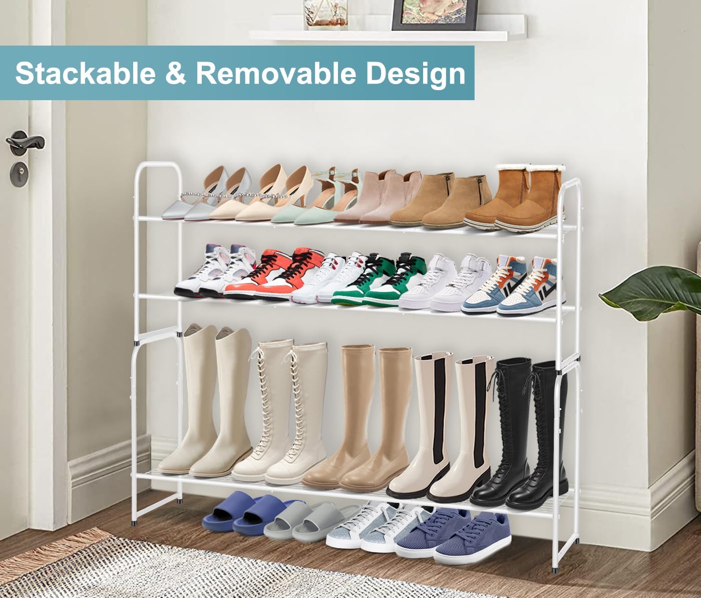 AOODA Long 3 Tier Metal Shoe Rack for Closet Wide Stackable Shoe Storage Organizer for Entryway, Bedroom, Floor, 24-Pairs Men Sneakers Shoe Shelf with Wire Grid, Black
