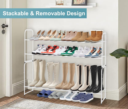AOODA Long 3 Tier Metal Shoe Rack for Closet Wide Stackable Shoe Storage Organizer for Entryway, Bedroom, Floor, 24-Pairs Men Sneakers Shoe Shelf with Wire Grid, Black
