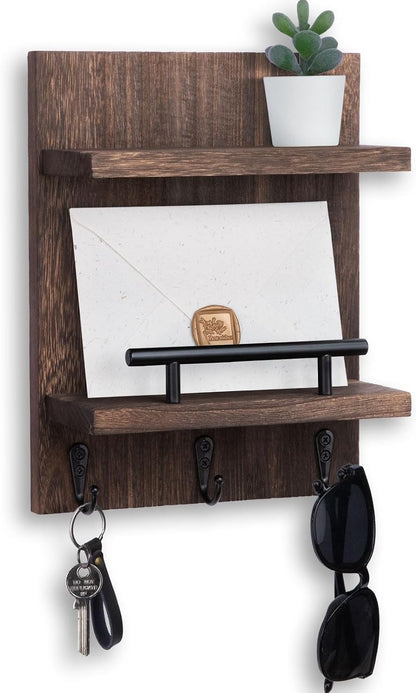 Key Holder Wall Mount, Mail Shelf Decor with 3 Key Hooks, Versatile Wood Wall Organizer for Entryway Hallway (8.2” x 10.6”x 3.6”) (White)
