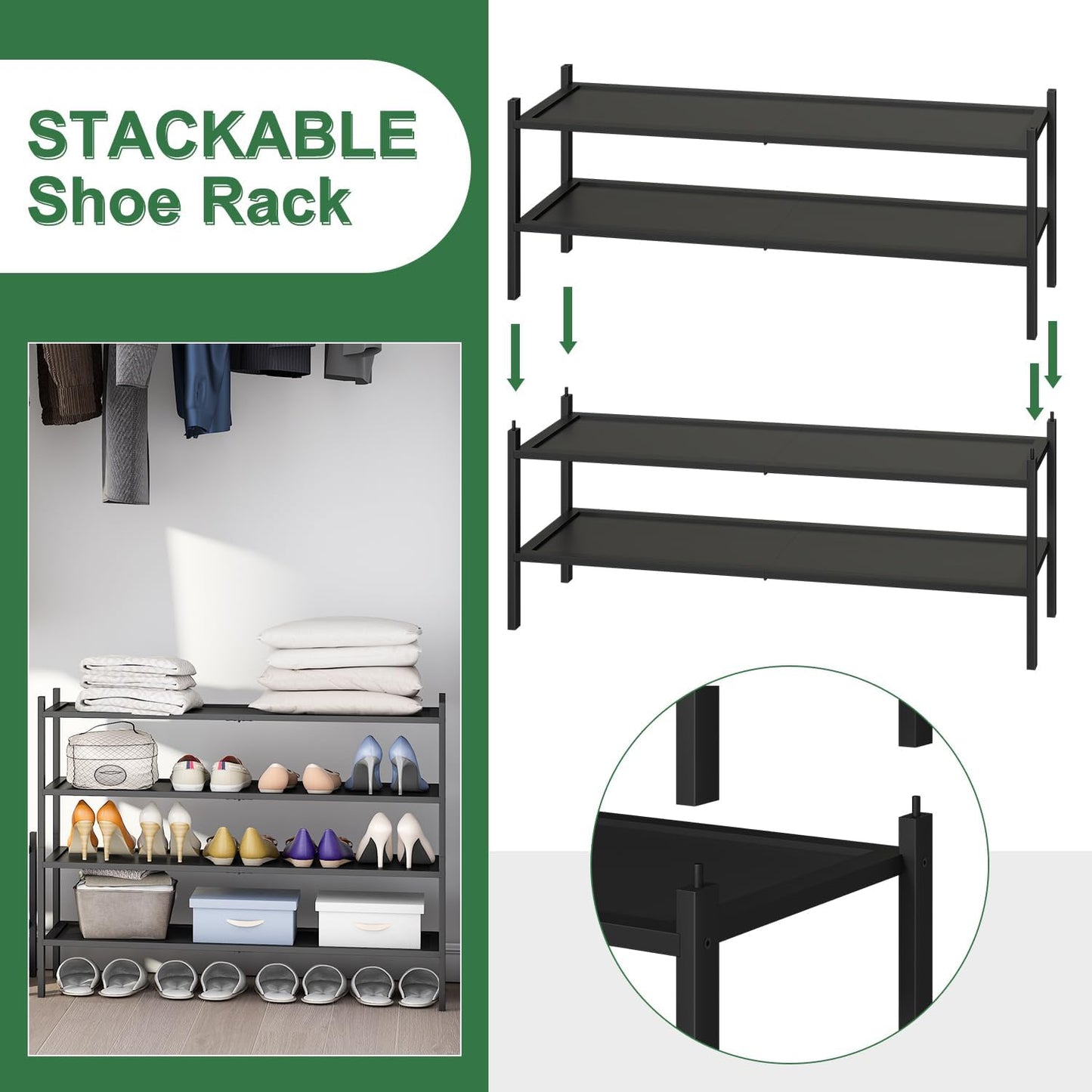 kiplant Small Shoe Rack, 4-Tier Bamboo Wood Shoe Rack for Entryway, Stackable Shoe Organizer for Hallway Closet, Free Standing Shoe Racks for Indoor & Outdoor