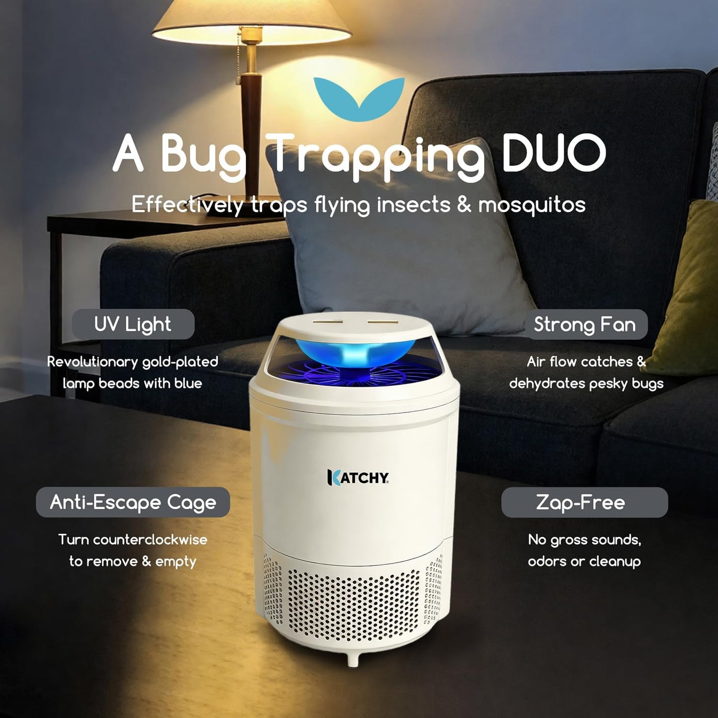 Katchy Flying Insect Trap Indoor – Catcher & Killer for Mosquito, Fruit Fly, Gnat & Small Moth – Non-Zapper with Suction & Blue Light – Ideal for Indoor Spaces, Kitchen & Plants (Original, Black)