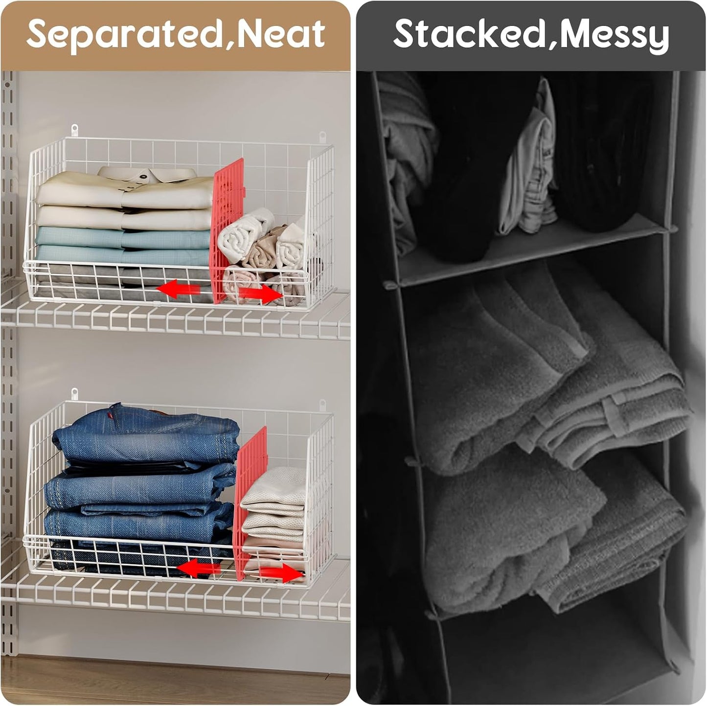 Jautokerdar 4 Tier Hanging Closet Organizer with Dividers,Extra Large Storage Hanging Shelf with 5 S Hooks 4 Dividers,Hang on Wire Closet Shelving Clothes Organizer-Black
