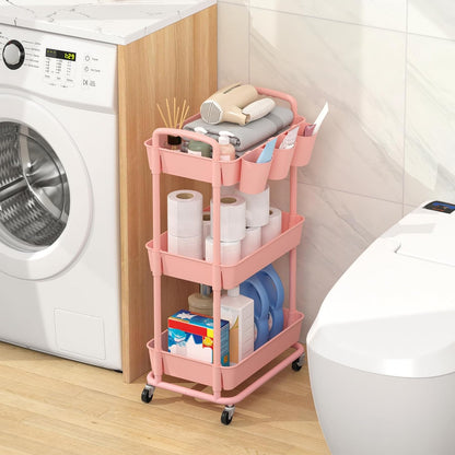 JIUYOTREE 4-Tier Plastic Rolling Storage Cart Utility Cart with Extra Hanging Cups Handles Lockable Wheels for Living Room Bathroom Kitchen Office White