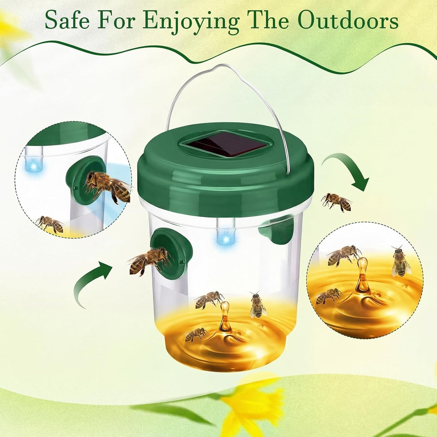 Wasp Trap Solar Powered Bee Trap Reusable Fly Traps Outdoor Hanging Wasp Killer with UV LED Light Flying Insects Bee Killer for Indoor Outside Patio Garden Home (6, Yellow)