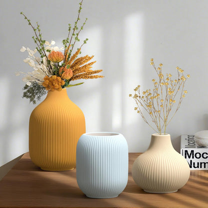 White Ceramic Flower Vases Set of 3, Modern Matte Vertical Ribbed, Nordic Minimalist Decor for Pampas, Dried & Fresh Flowers, Centerpiece for Living Room, Shelf, Entryway, Wedding,Office