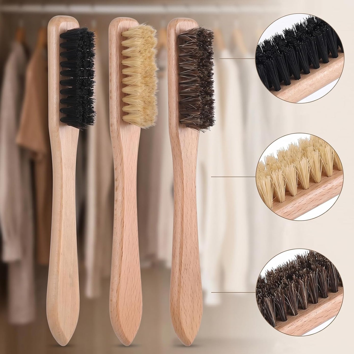 Gjinxi 3pcs Wood Laundry Stain Brush Set Tough Stain Remover Boar Bristle Brushes for Cleaning Clothes Furniture Fabric Leather Sofas Knits Cotton Linens Shoes Car Seats Boots Bags Hat Cashmere Wool