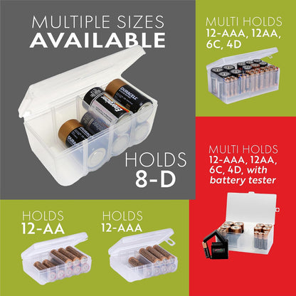 Dial Industries Battery Organizer Case with Tester for 12 AAA 12 AA 6C 4D | Compact cases for organizing in garage, toolboxes, RVs etc. Clear cases so easy to find in emergencies vs loose in drawer.
