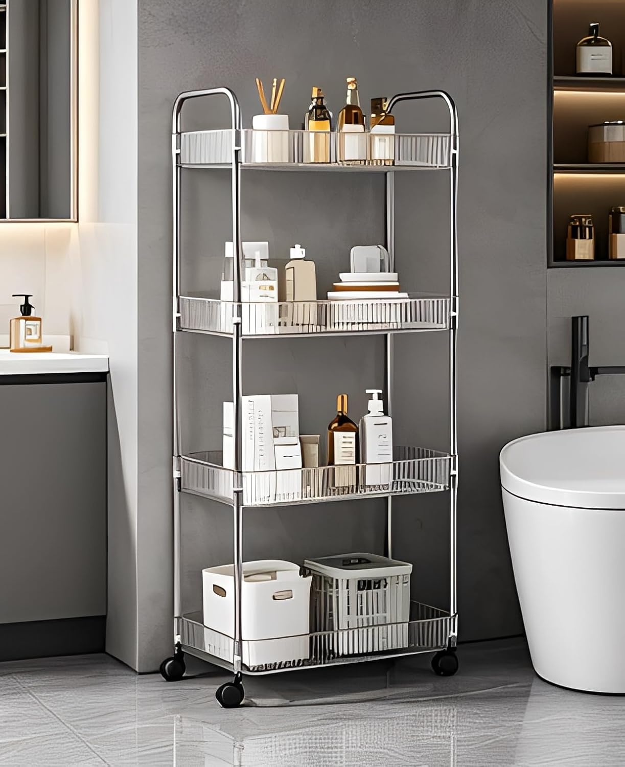 Sooyee 3 Tier Rolling Cart with Wheels, Slim Storage Cart, Under Desk Narrow Rolling Utility Cart Storage Organizer for Office Bathroom Kitchen Laundry Room Narrow Places, White, Plastic and Metal