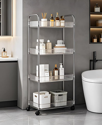 Sooyee 3 Tier Rolling Cart with Wheels, Slim Storage Cart, Under Desk Narrow Rolling Utility Cart Storage Organizer for Office Bathroom Kitchen Laundry Room Narrow Places, White, Plastic and Metal