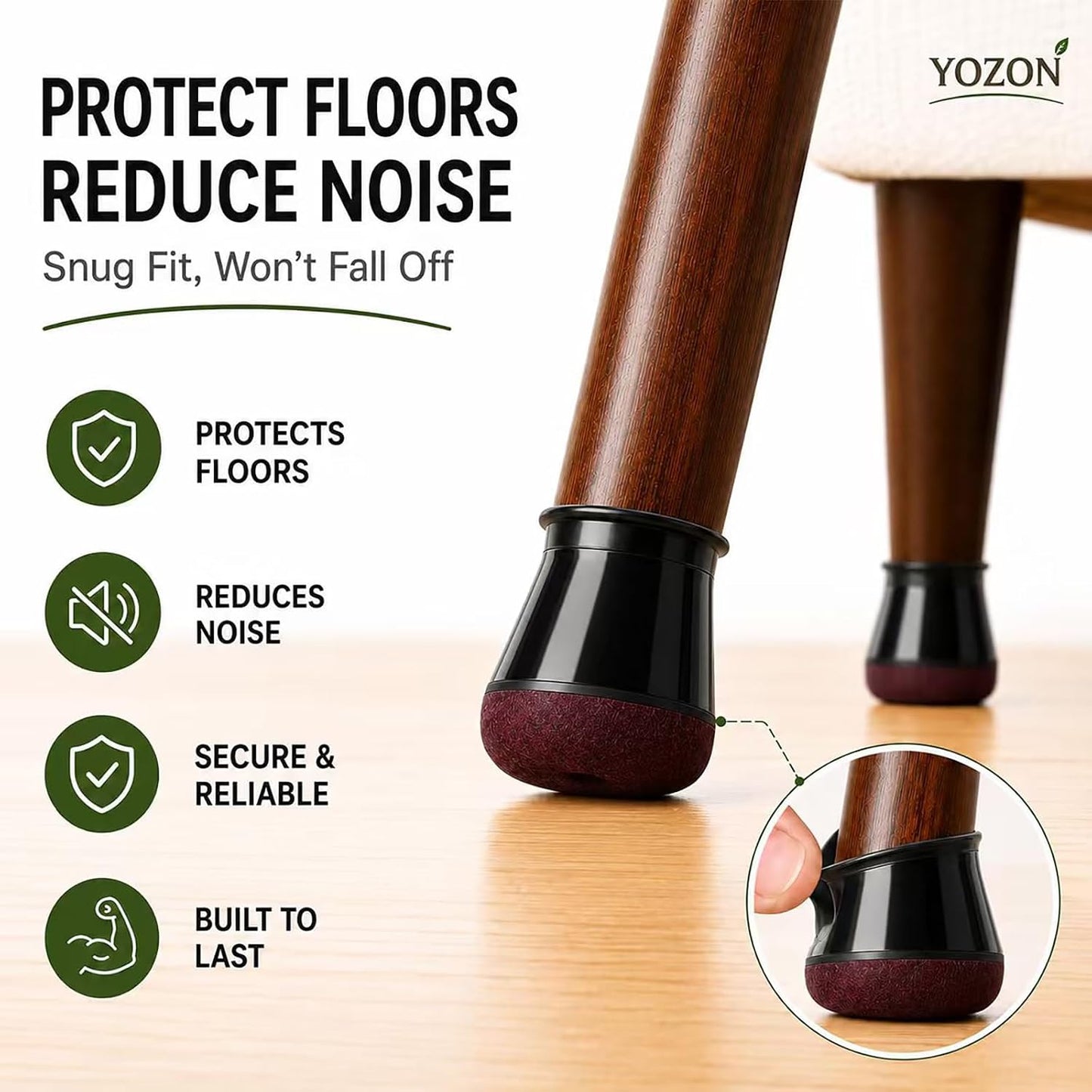 YOZON Chair Leg Floor Protectors Felt Furniture Pads Silicone Caps | Chair Leg Protectors for Hardwood Floors 32 Pack Anti-Scratch Reduce Noise Clear Round Medium Fit 3/4" to 1-3/16" (19-30mm)
