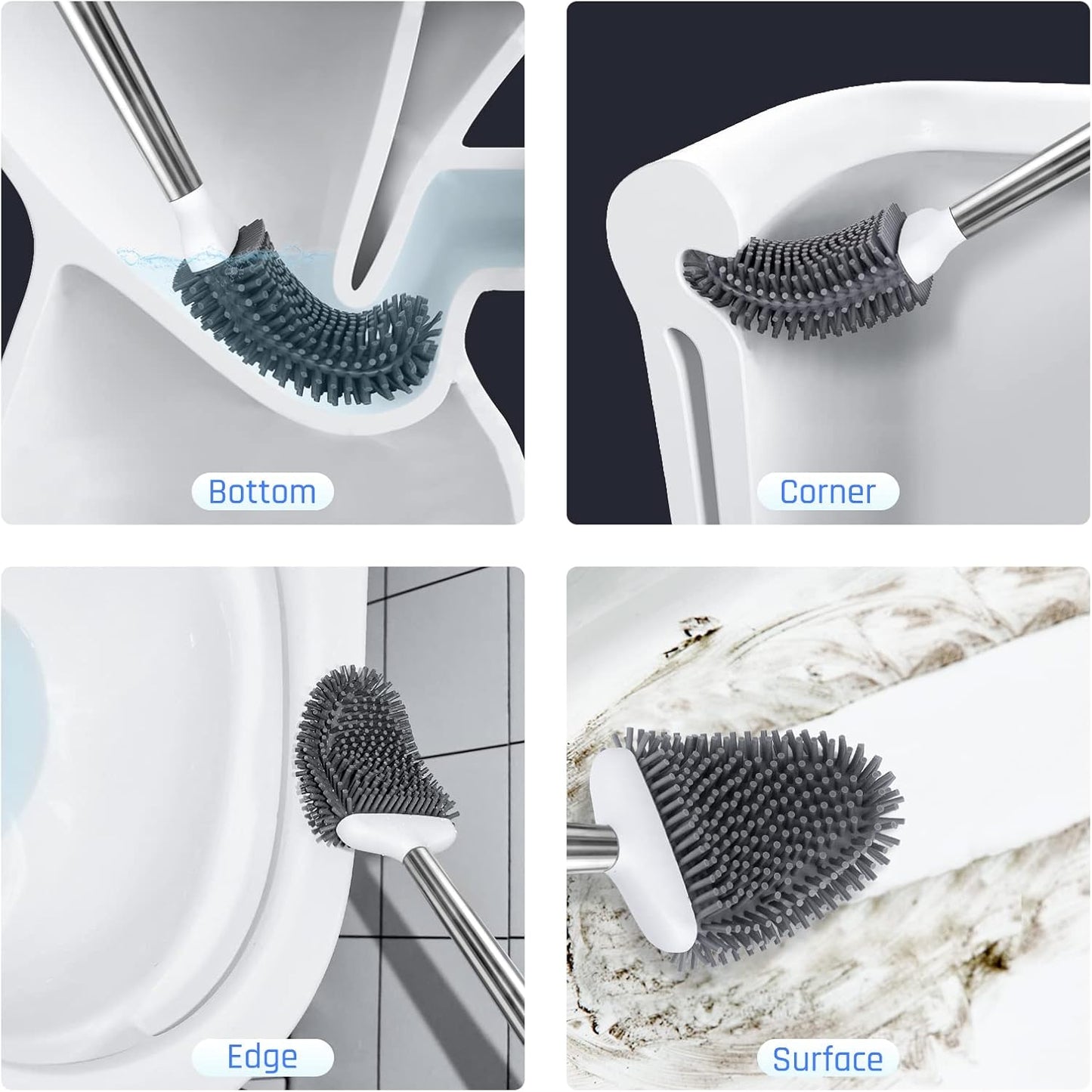 Sellemer Toilet Brush and Holder Set - Flexible Toilet Bowl Brush Head with Silicone Bristles, Compact Size for Storage and Organization, Ventilation Slots Base (1 Pack, Silver)